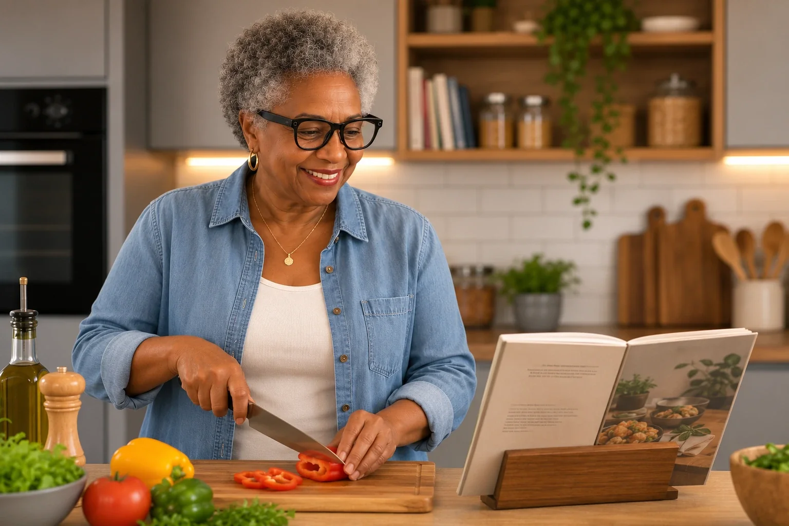 Mulher sorridente cozinhando e acompanhando um livro de receitas com o Óculos Guia Visão.
